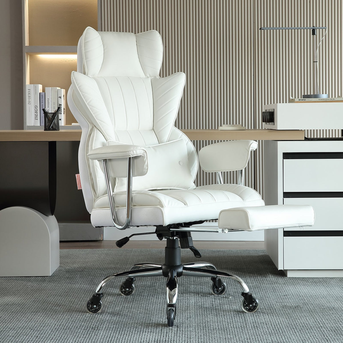 Reclining Office Chair | Big & Tall PU Leather Chair with Footrest | Lumbar Support White Executive Seat
