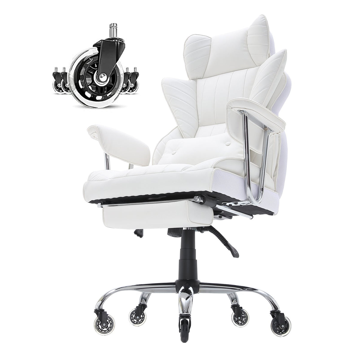 Reclining Office Chair | Big & Tall PU Leather Chair with Footrest | Lumbar Support White Executive Seat