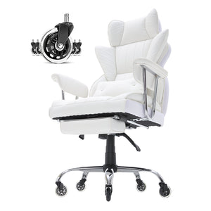 Reclining Office Chair | Big & Tall PU Leather Chair with Footrest | Lumbar Support White Executive Seat