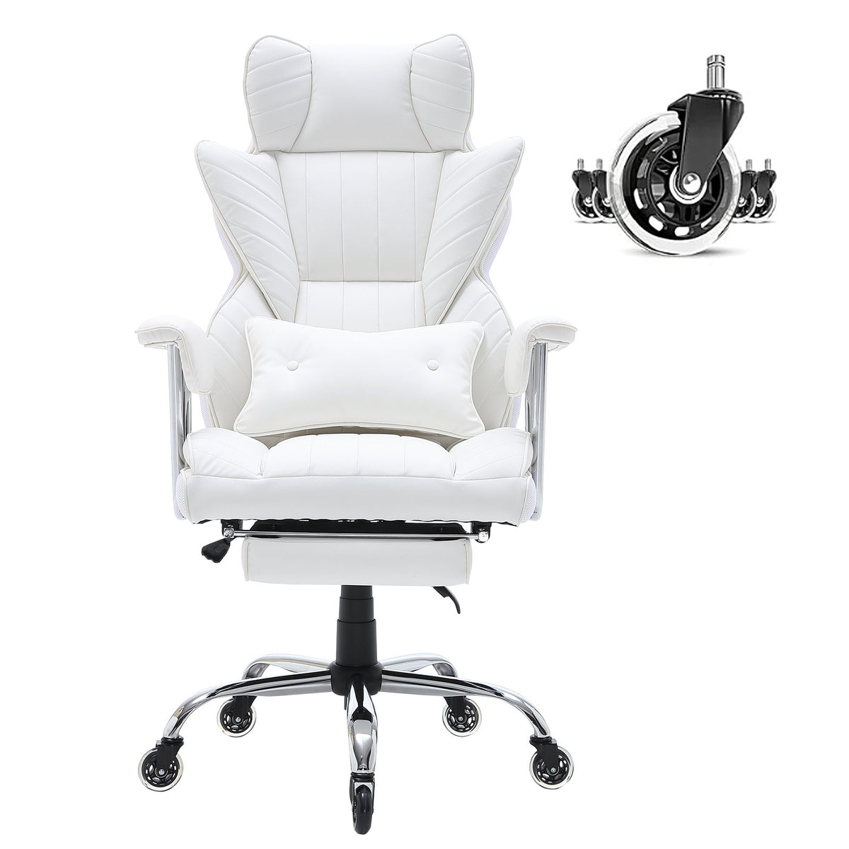 Reclining Office Chair | Big & Tall PU Leather Chair with Footrest | Lumbar Support White Executive Seat