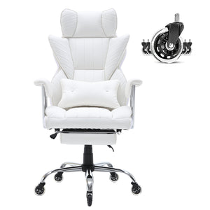 Reclining Office Chair | Big & Tall PU Leather Chair with Footrest | Lumbar Support White Executive Seat