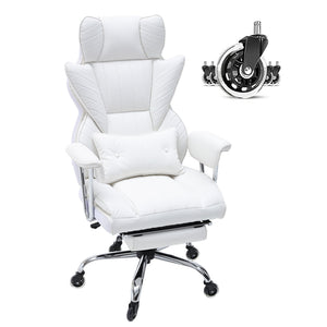 Reclining Office Chair | Big & Tall PU Leather Chair with Footrest | Lumbar Support White Executive Seat