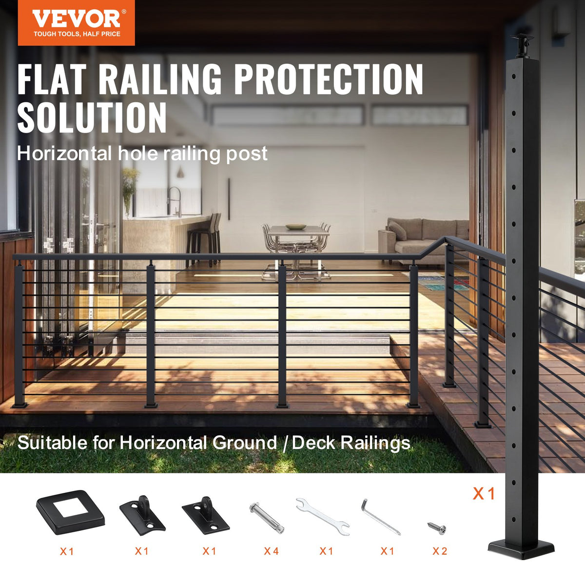 Cable Railing Post 42"x1.97"x1.97" | Stainless Steel Deck Stair Post with Bracket | Black