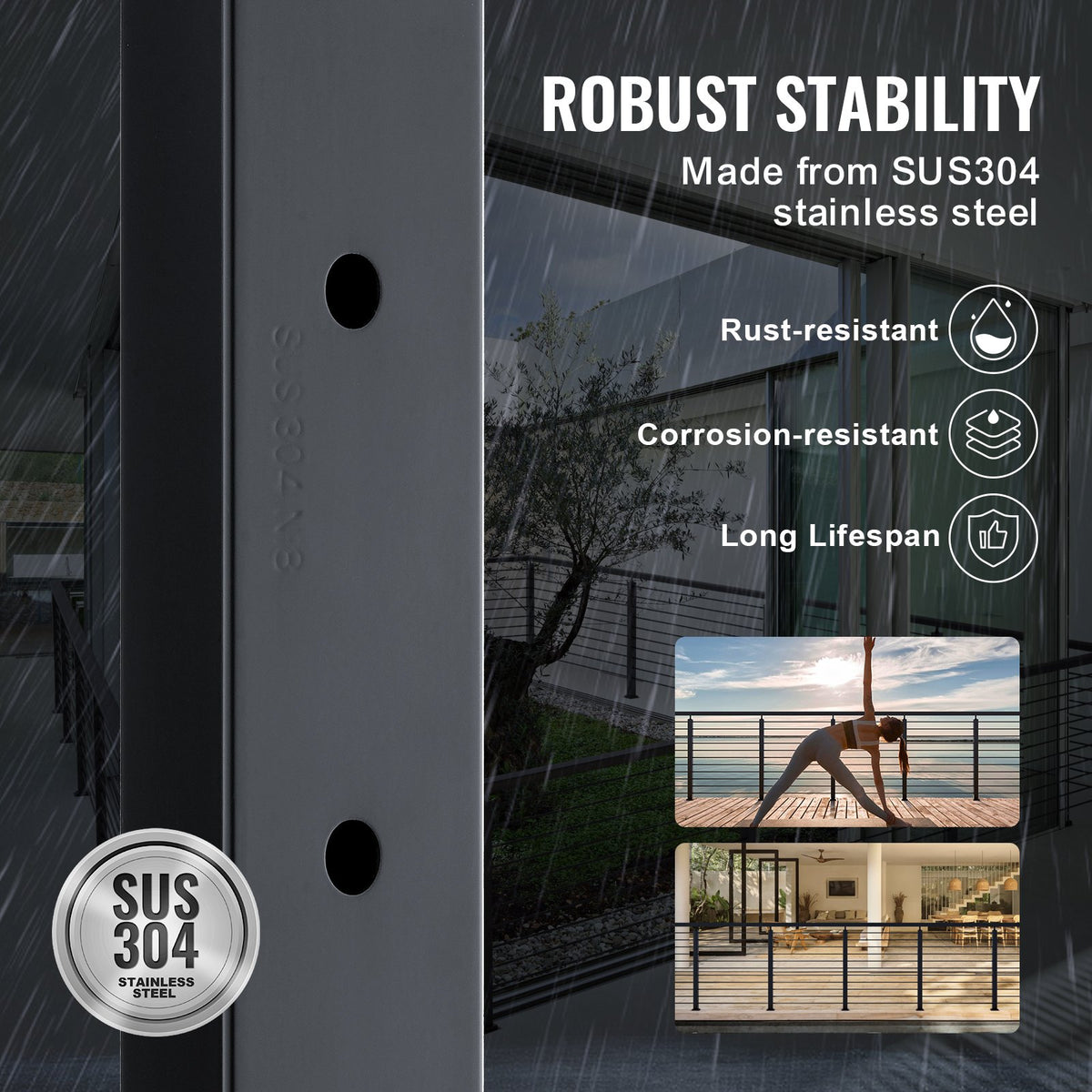 Cable Railing Post 42"x1.97"x1.97" | Stainless Steel Deck Stair Post with Bracket | Black