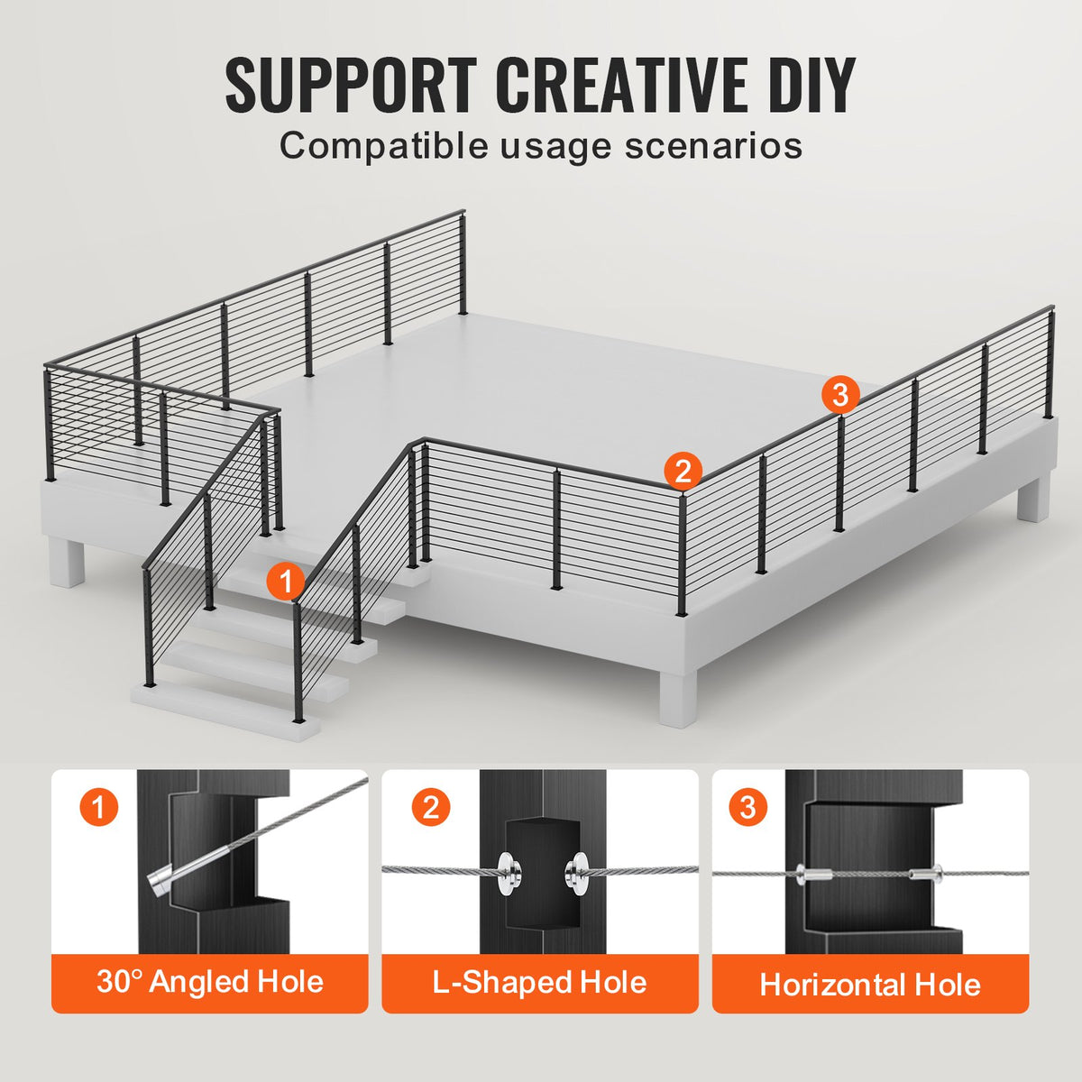 Cable Railing Post 42"x1.97"x1.97" | Stainless Steel Deck Stair Post with Bracket | Black