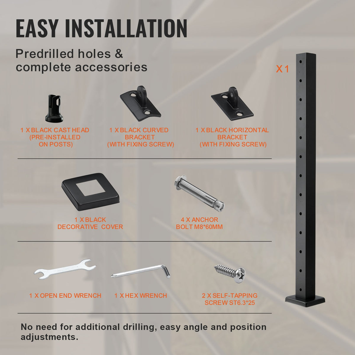 Cable Railing Post 42"x1.97"x1.97" | Stainless Steel Deck Stair Post with Bracket | Black