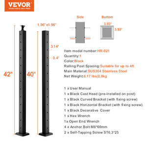 Cable Railing Post 42"x1.97"x1.97" | Stainless Steel Deck Stair Post with Bracket | Black