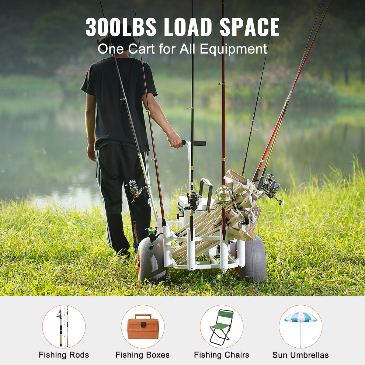 Beach Fishing Cart | 136kg Capacity | Heavy Duty Aluminium Pier Wagon with PU Balloon Wheels & 8 Rod Holders | For Sand, Fishing & Picnic