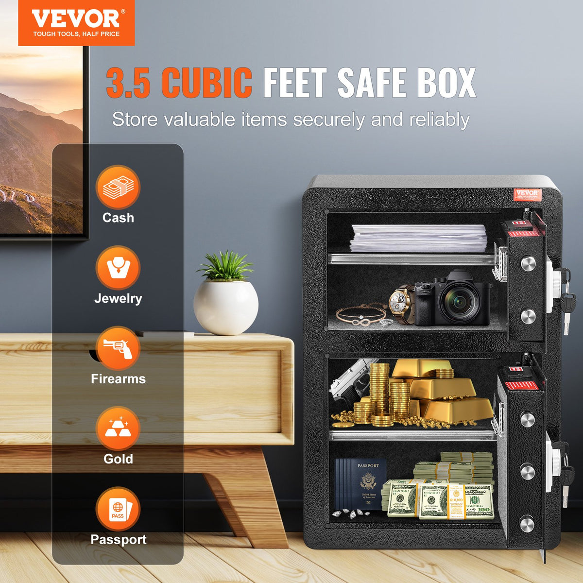 Safe Box | Double Door 3.5 cu.ft with Key & Password | Fireproof Bag | Black Security Cabinet