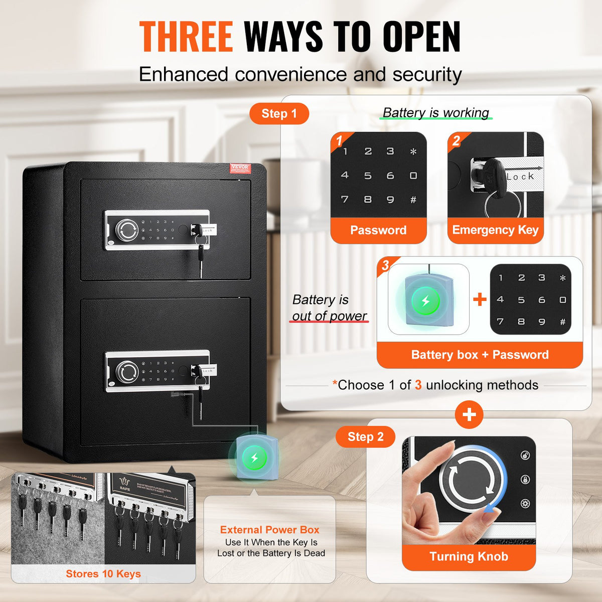 Safe Box | Double Door 3.5 cu.ft with Key & Password | Fireproof Bag | Black Security Cabinet