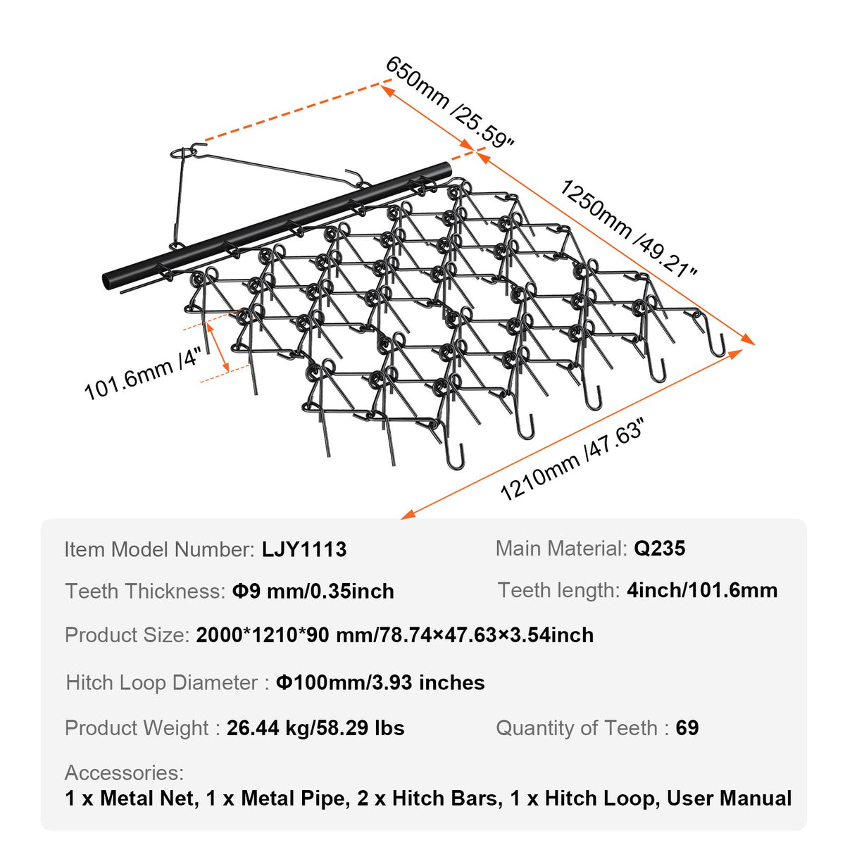 Drag Harrow 4x4FT | Heavy Duty Chain Harrow with 69 Teeth | ATV, UTV & Tractor Attachment for Lawn, Gravel & Soil Prep
