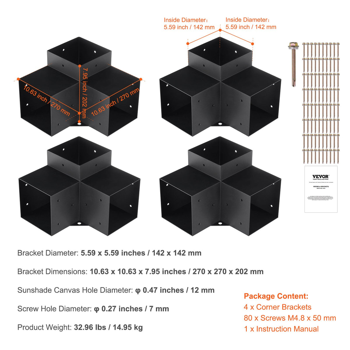Pergola Bracket Kit 152x152mm | 4 Pack 3-Way Heavy Duty Corner Brackets | For Gazebo, Patio & Log Cabin Wood Beams