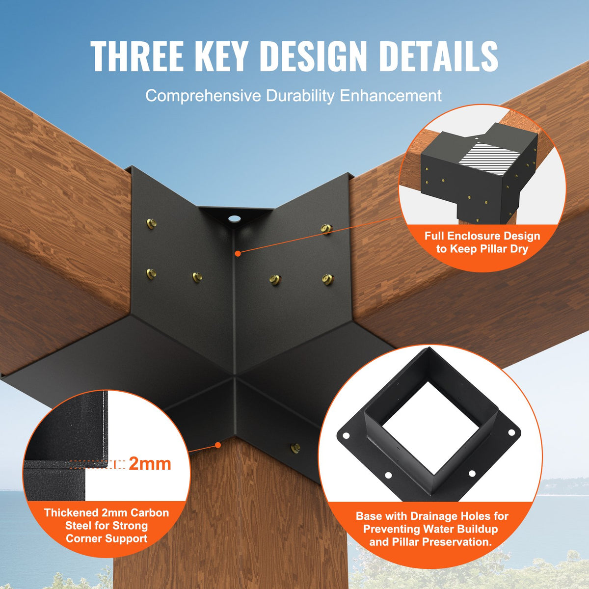 Pergola Bracket Kit 152.4x152.4mm | 8pc 3-Way Heavy Duty Steel Post Bases | Outdoor Pergola Hardware