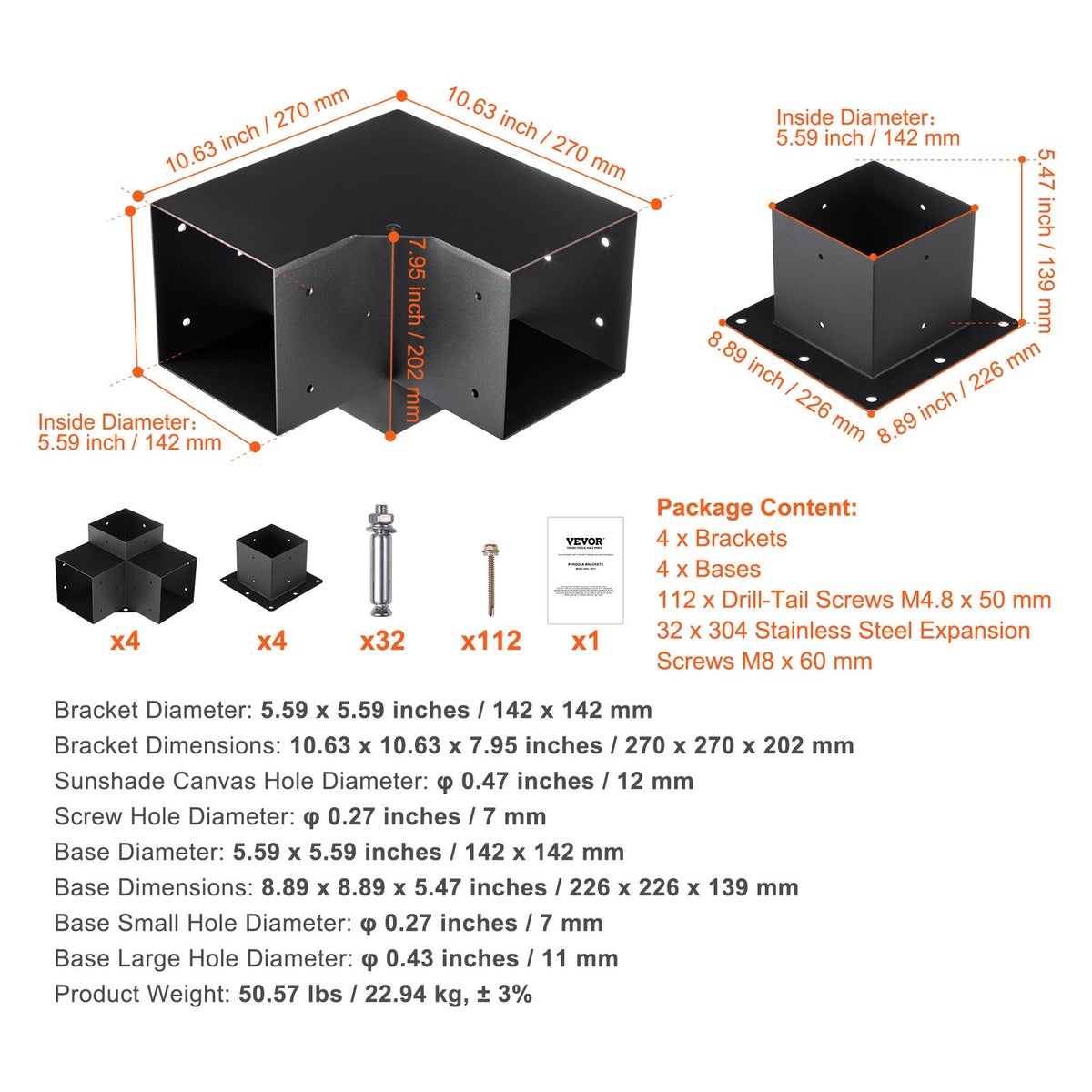 Pergola Bracket Kit 152.4x152.4mm | 8pc 3-Way Heavy Duty Steel Post Bases | Outdoor Pergola Hardware