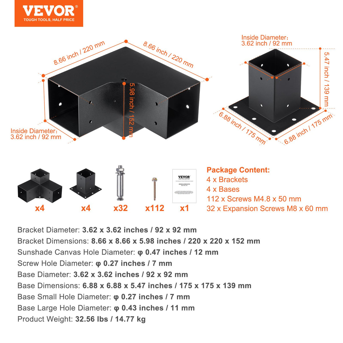 Pergola Bracket Kit 4"x4" | 8pc Heavy Duty Steel Post Base & Corner Set | Outdoor Pergola Hardware