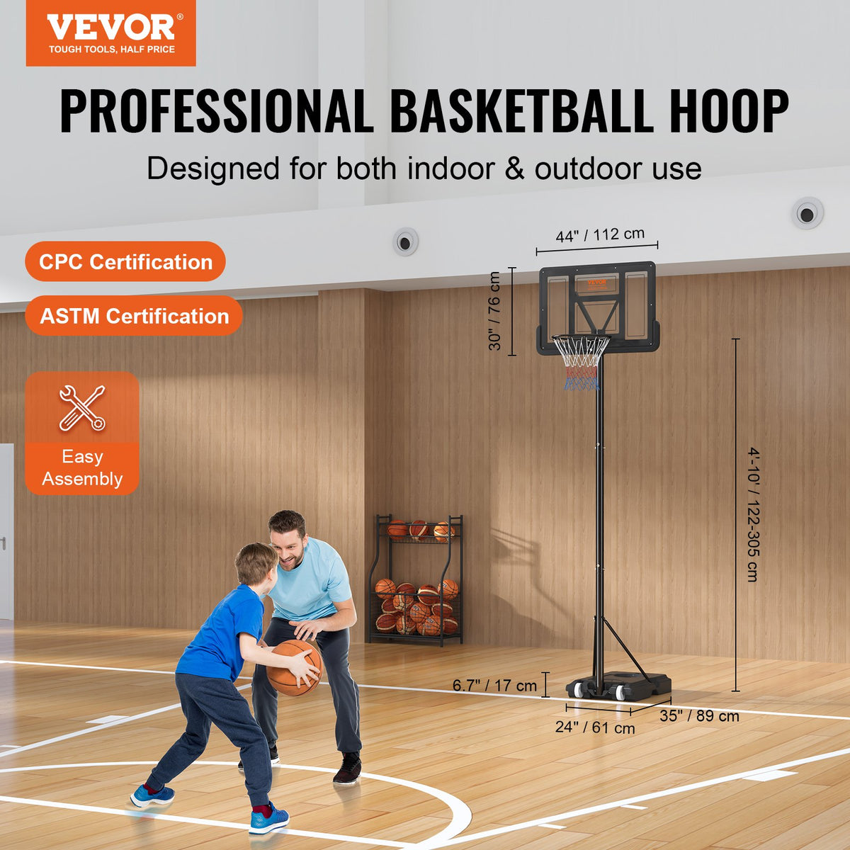 Basketball Hoop Set | 4–10ft Adjustable 44" Backboard Portable Goal with Wheels | Indoor/Outdoor Kids & Adults Use