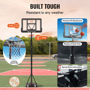 Basketball Hoop Set | 4–10ft Adjustable 44" Backboard Portable Goal with Wheels | Indoor/Outdoor Kids & Adults Use