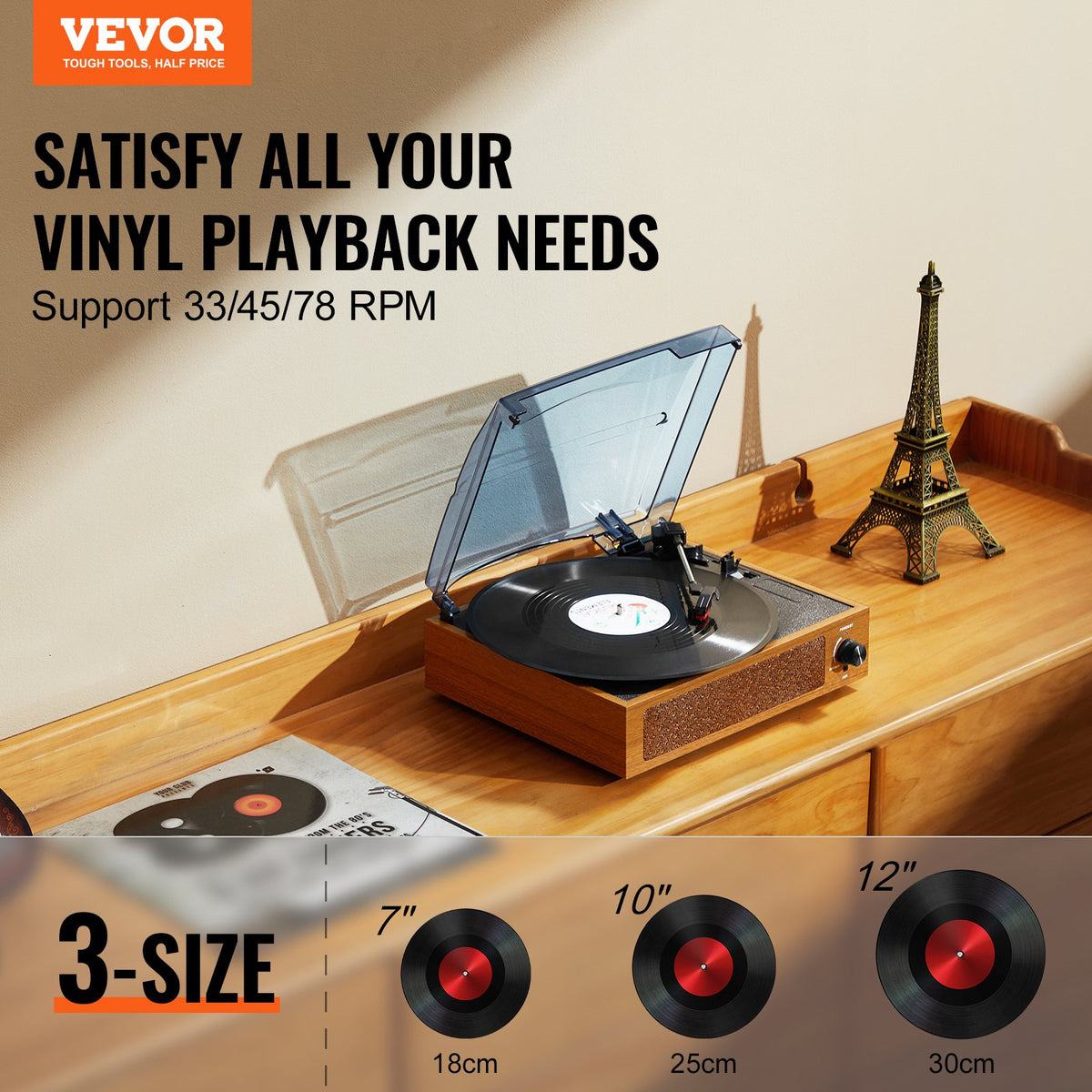 Bluetooth Record Player | 3-Speed Turntable with 3W Speakers