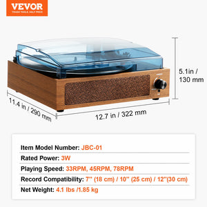 Bluetooth Record Player | 3-Speed Turntable with 3W Speakers