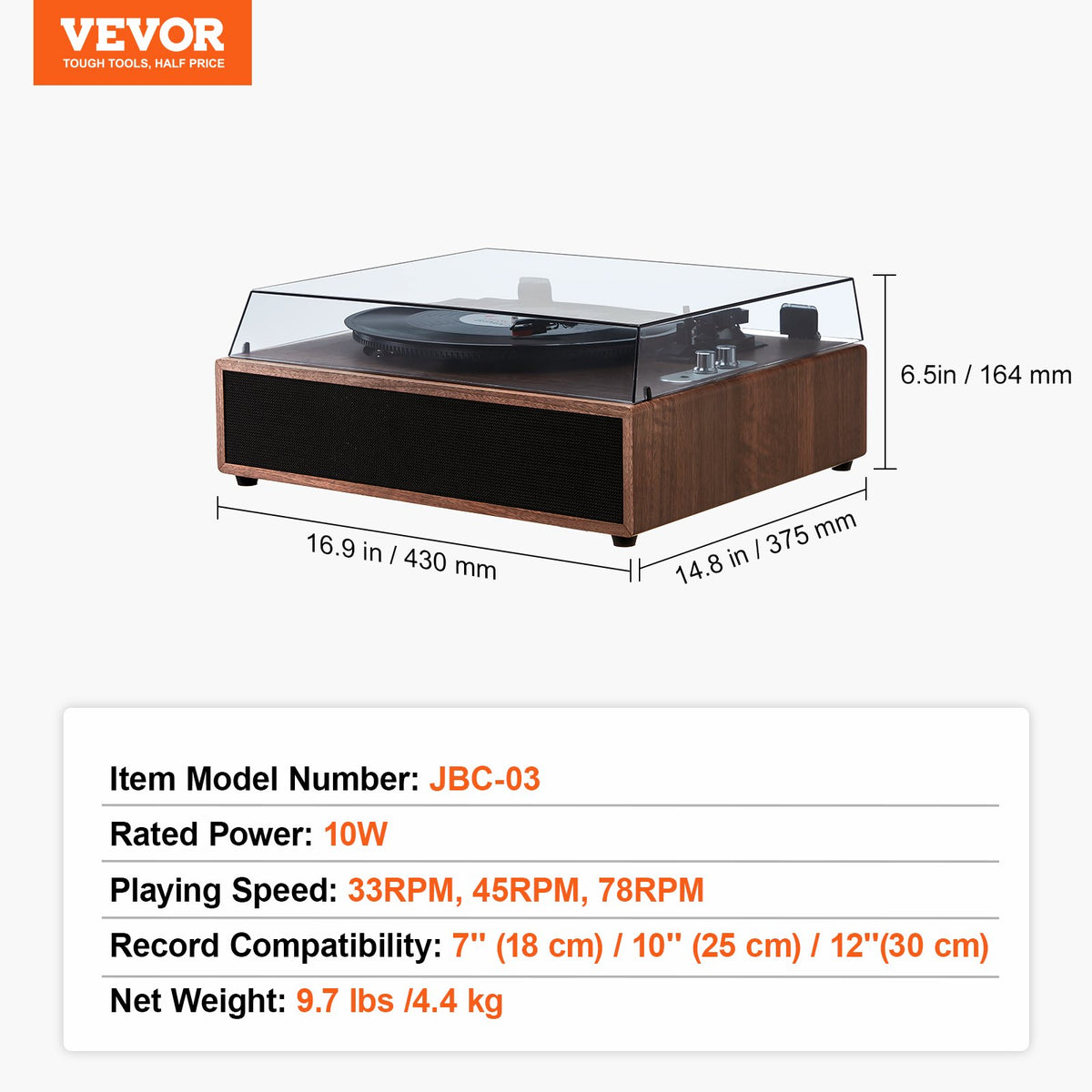 Bluetooth Record Player | 3-Speed Turntable with 10W Speakers