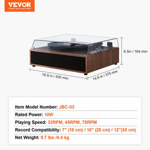 Bluetooth Record Player | 3-Speed Turntable with 10W Speakers