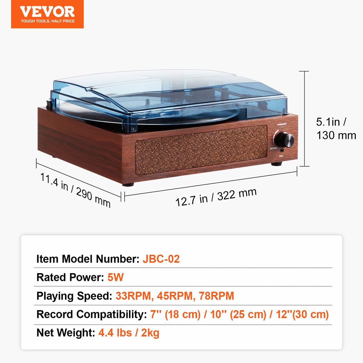 Bluetooth Record Player | 3-Speed Turntable with 5W Speakers