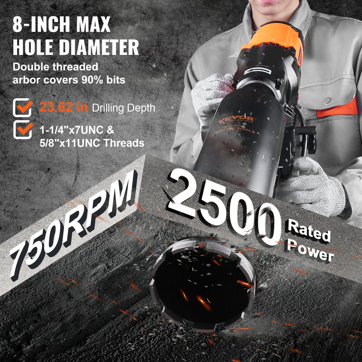 Diamond Core Drill Machine 8" | Wet & Dry Concrete Core Rig with Stand | 750RPM | 2500W | For Brick, Block & Stone