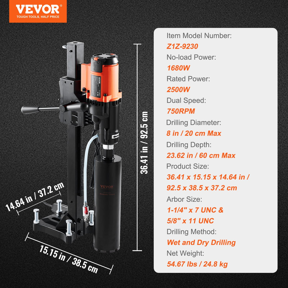 Diamond Core Drill Machine 8" | Wet & Dry Concrete Core Rig with Stand | 750RPM | 2500W | For Brick, Block & Stone