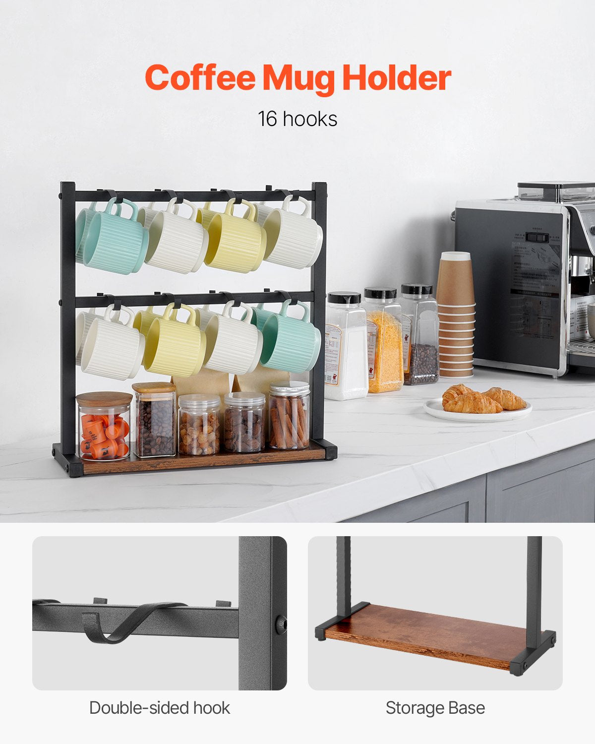 Coffee Mug Holder | 16-Hook Countertop Rack with Wooden Base