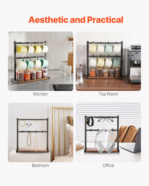 Coffee Mug Holder | 16-Hook Countertop Rack with Wooden Base