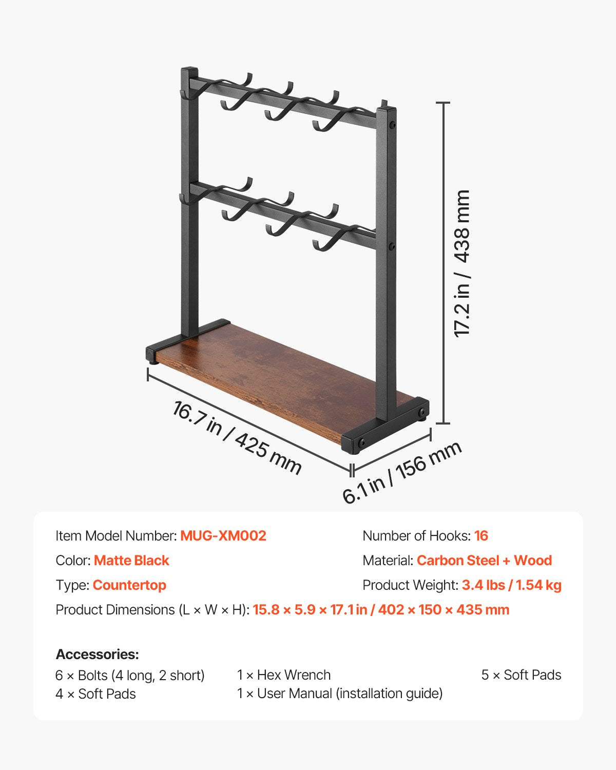 Coffee Mug Holder | 16-Hook Countertop Rack with Wooden Base
