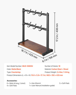 Coffee Mug Holder | 16-Hook Countertop Rack with Wooden Base