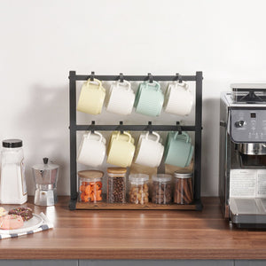 Coffee Mug Holder | 16-Hook Countertop Rack with Wooden Base