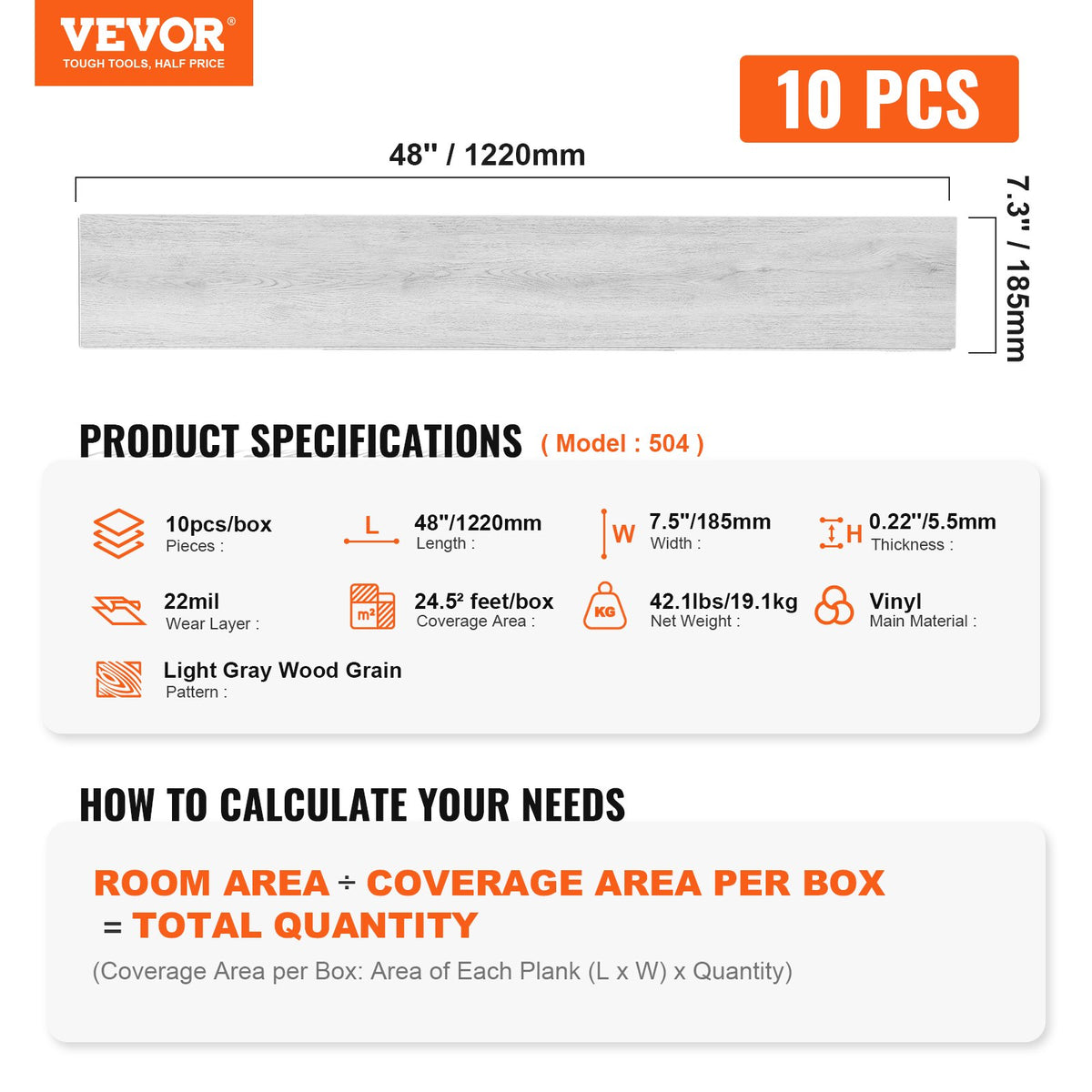 Interlocking Vinyl Floor Tiles 48"x7.3" | 10 Pack 5.5mm Thick | Light Gray Wood Grain