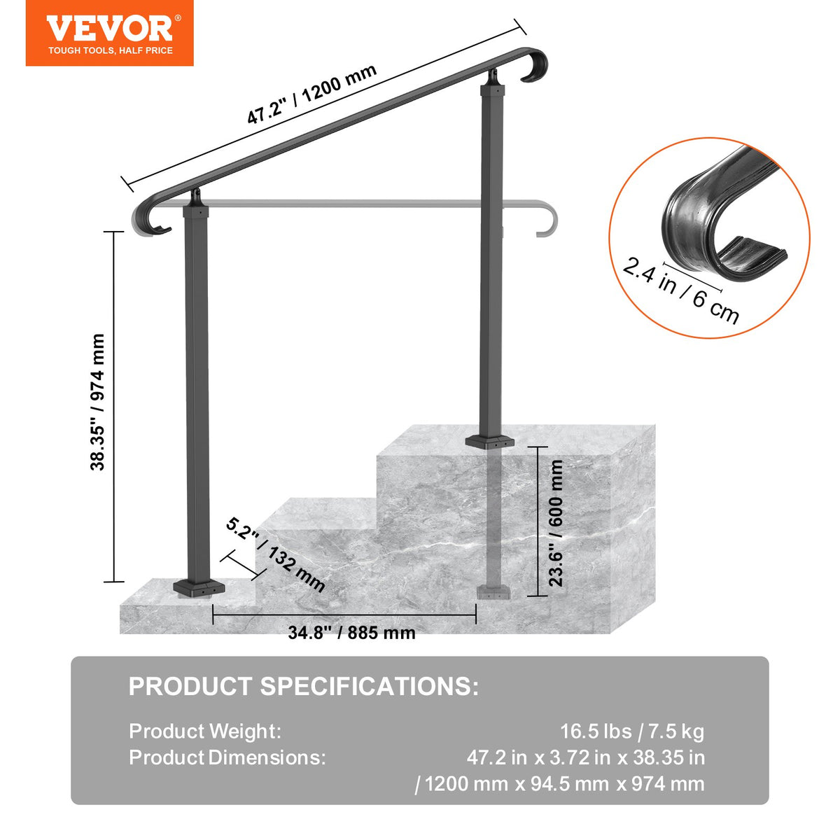 Outdoor Step Handrail | Fits 1-3 Steps | Wrought Iron Adjustable Stair Railing | For Concrete or Wooden Steps | Black Transitional Design