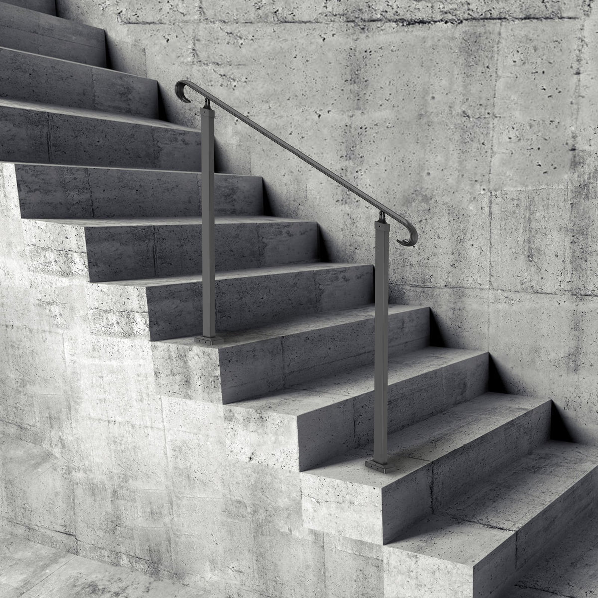 Outdoor Step Handrail | Fits 1-3 Steps | Wrought Iron Adjustable Stair Railing | For Concrete or Wooden Steps | Black Transitional Design