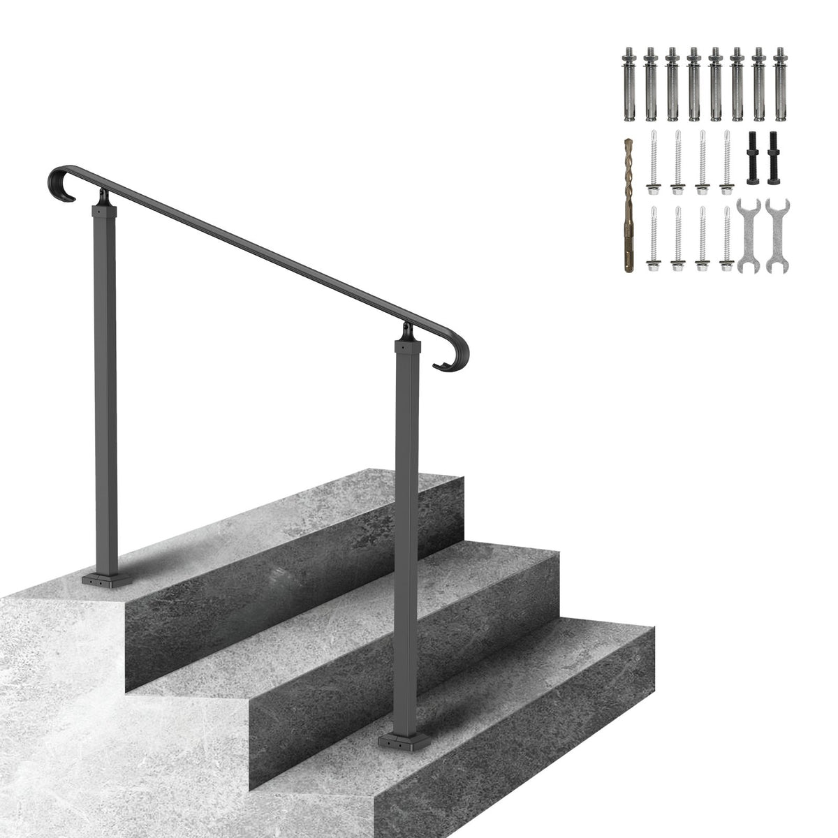 Outdoor Step Handrail | Fits 1-3 Steps | Wrought Iron Adjustable Stair Railing | For Concrete or Wooden Steps | Black Transitional Design