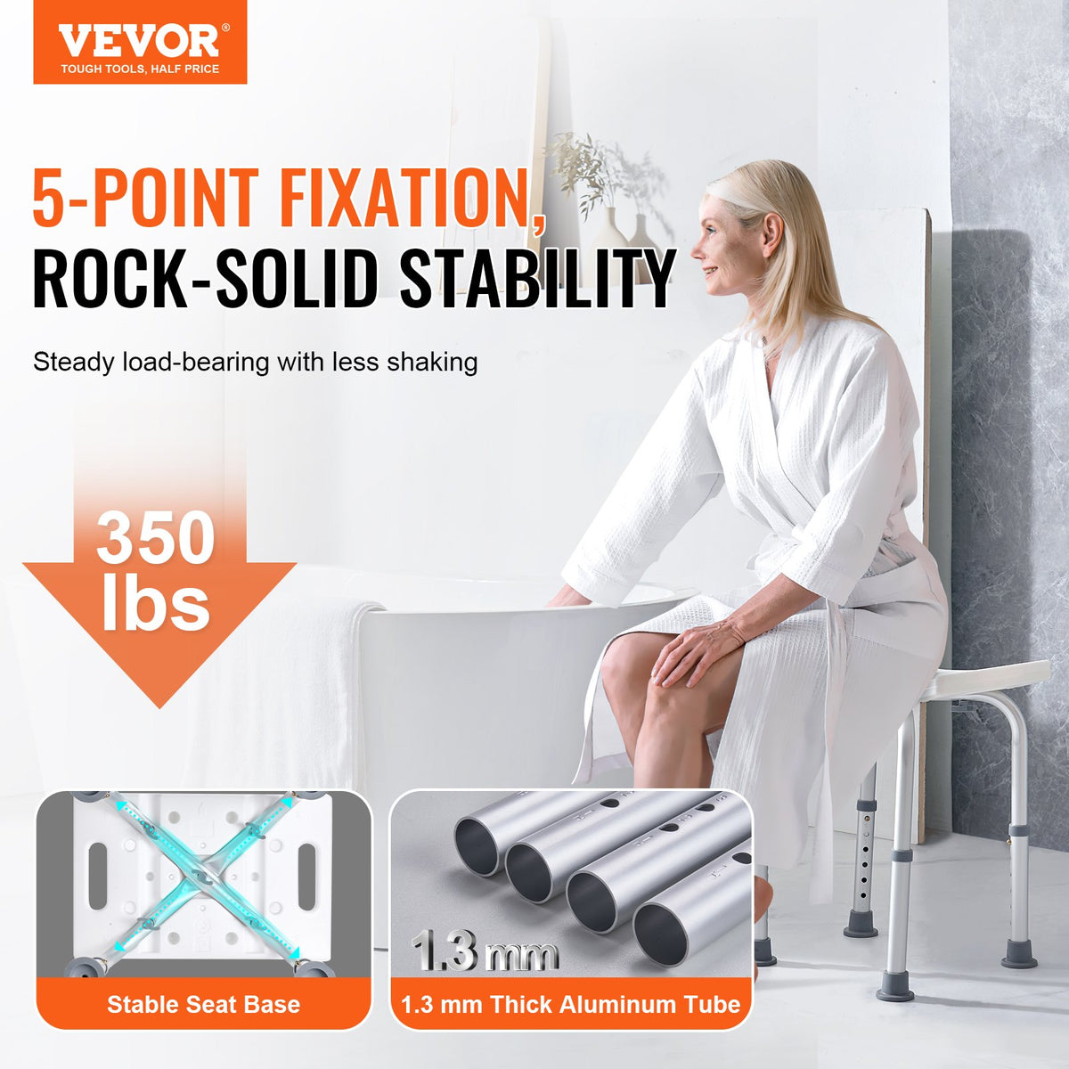 Shower Chair Adjustable Height | Built-In Handles | Non-Slip Seat for Shower or Tub | 158.8kg Capacity | For Elderly & Disabled