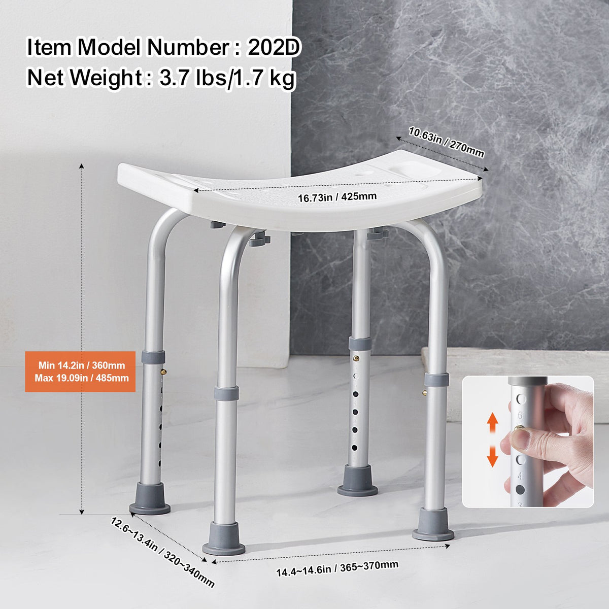 Shower Chair Adjustable Height | Built-In Handles | Non-Slip Seat for Shower or Tub | 158.8kg Capacity | For Elderly & Disabled