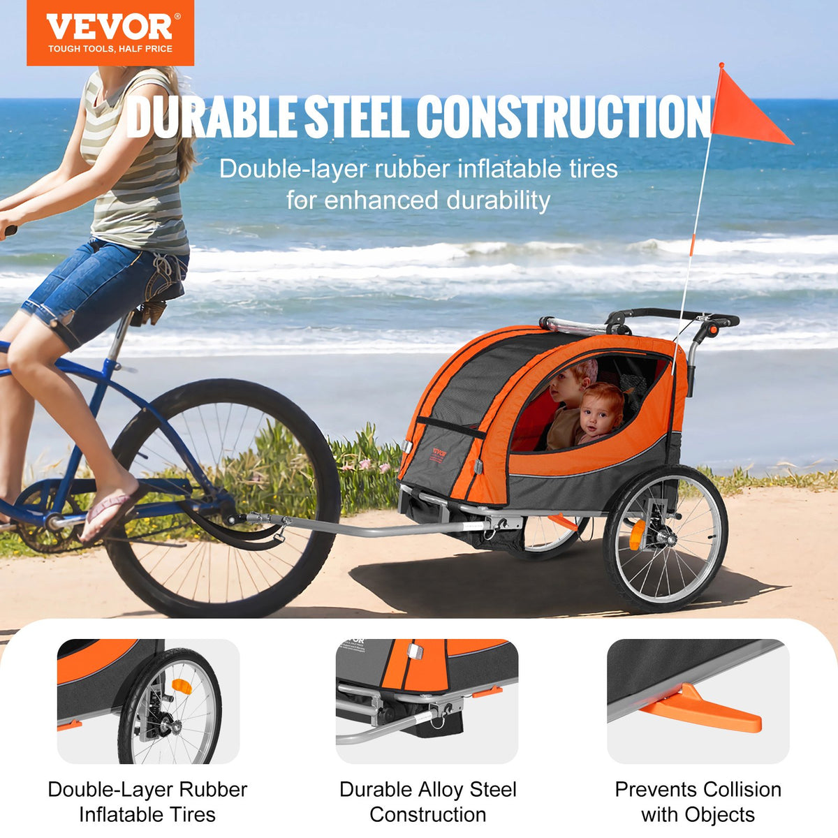 Bike Trailer for Toddlers & Kids | Double Seat 40kg Load | 2-in-1 Canopy Carrier Converts to Stroller | Tow-Behind Foldable Bicycle Trailer with Universal Coupler | Orange & Grey