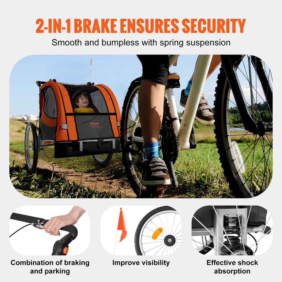 Bike Trailer for Toddlers & Kids | Double Seat 40kg Load | 2-in-1 Canopy Carrier Converts to Stroller | Tow-Behind Foldable Bicycle Trailer with Universal Coupler | Orange & Grey