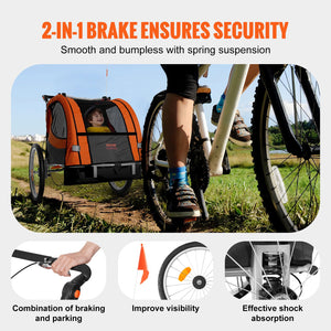 Bike Trailer for Toddlers & Kids | Double Seat 40kg Load | 2-in-1 Canopy Carrier Converts to Stroller | Tow-Behind Foldable Bicycle Trailer with Universal Coupler | Orange & Grey