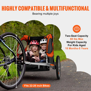 Bike Trailer for Toddlers & Kids | Double Seat 40kg Load | 2-in-1 Canopy Carrier Converts to Stroller | Tow-Behind Foldable Bicycle Trailer with Universal Coupler | Orange & Grey