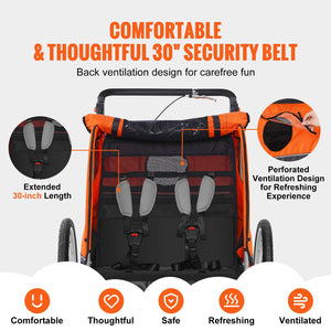 Bike Trailer for Toddlers & Kids | Double Seat 40kg Load | 2-in-1 Canopy Carrier Converts to Stroller | Tow-Behind Foldable Bicycle Trailer with Universal Coupler | Orange & Grey