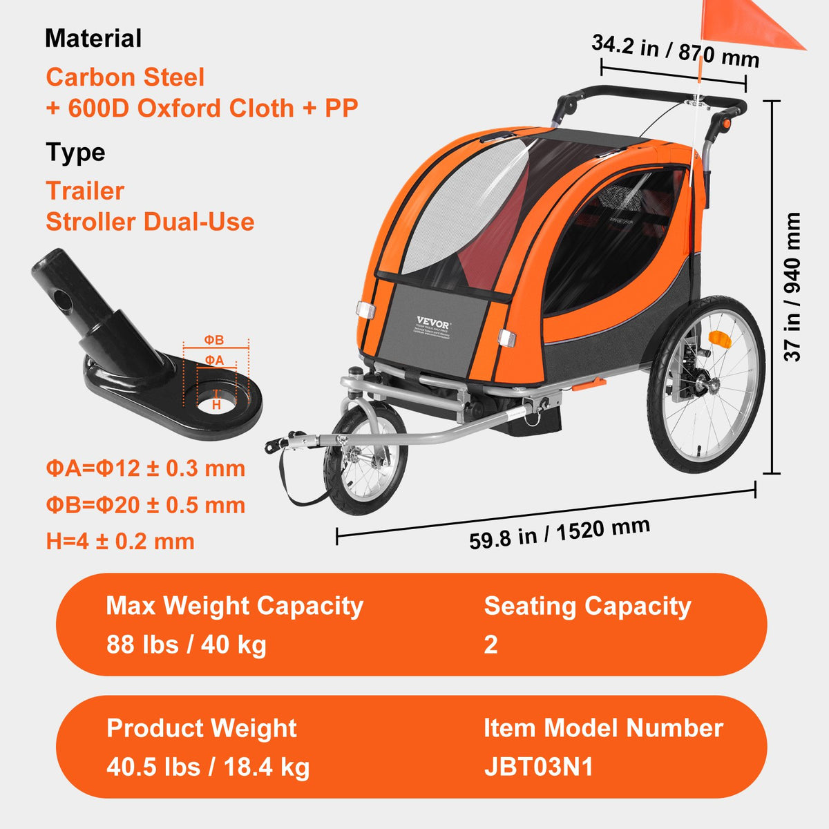Bike Trailer for Toddlers & Kids | Double Seat 40kg Load | 2-in-1 Canopy Carrier Converts to Stroller | Tow-Behind Foldable Bicycle Trailer with Universal Coupler | Orange & Grey