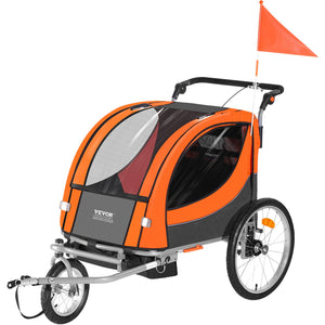 Bike Trailer for Toddlers & Kids | Double Seat 40kg Load | 2-in-1 Canopy Carrier Converts to Stroller | Tow-Behind Foldable Bicycle Trailer with Universal Coupler | Orange & Grey