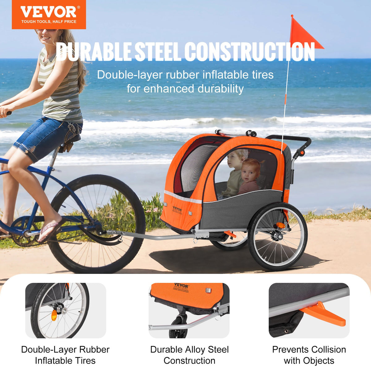 Bike Trailer for Toddlers & Kids | Double Seat 45kg Load | 2-in-1 Canopy Carrier Converts to Stroller | Tow-Behind Foldable Bicycle Trailer with Universal Coupler | Orange & Grey