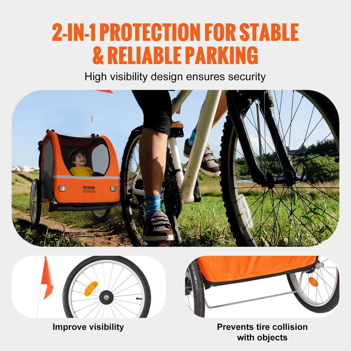 Bike Trailer for Toddlers & Kids | Double Seat 45kg Load | 2-in-1 Canopy Carrier Converts to Stroller | Tow-Behind Foldable Bicycle Trailer with Universal Coupler | Orange & Grey