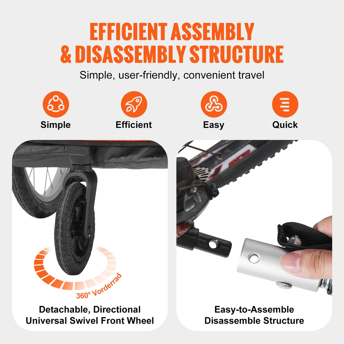 Bike Trailer for Toddlers & Kids | Double Seat 45kg Load | 2-in-1 Canopy Carrier Converts to Stroller | Tow-Behind Foldable Bicycle Trailer with Universal Coupler | Orange & Grey