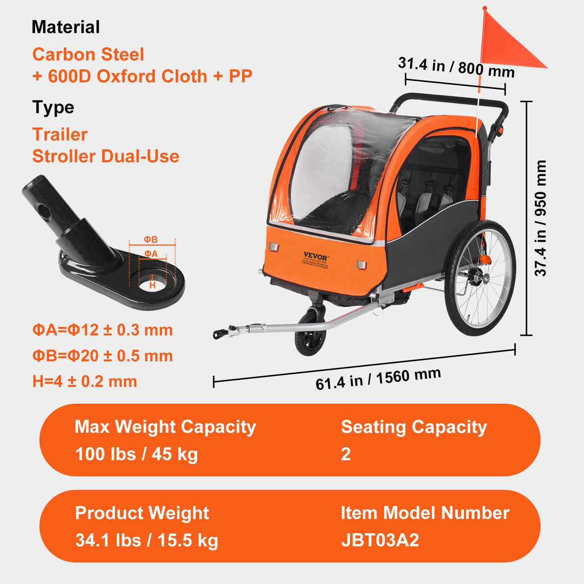 Bike Trailer for Toddlers & Kids | Double Seat 45kg Load | 2-in-1 Canopy Carrier Converts to Stroller | Tow-Behind Foldable Bicycle Trailer with Universal Coupler | Orange & Grey